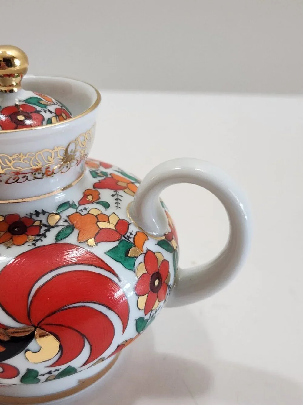 Vintage Lomonosov LFZ USSR Porcelain Red Rooster Teapot Malysh Shape Hand Painte